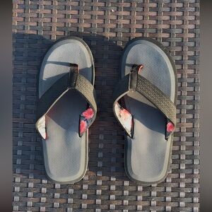 Black Flip Flop Sandals with Red Floral Accent